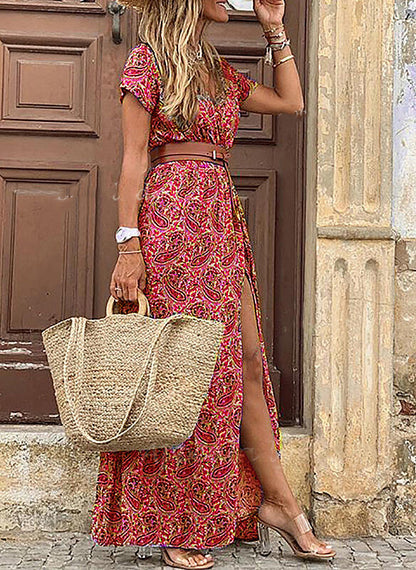Bohemian Floral Print V-Neck Long Dress