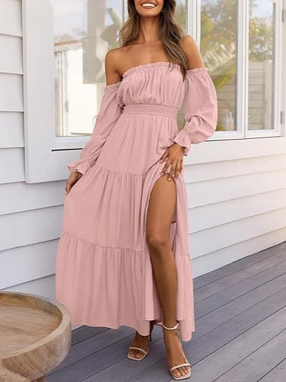 Bohemian Off-Shoulder Smocked High Waist Tiered Long Dress