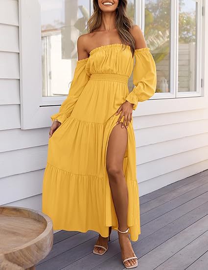 Bohemian Off-Shoulder Smocked High Waist Tiered Long Dress