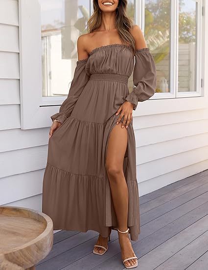 Bohemian Off-Shoulder Smocked High Waist Tiered Long Dress