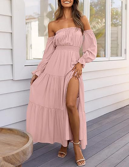 Bohemian Off-Shoulder Smocked High Waist Tiered Long Dress