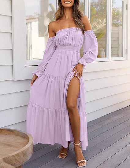 Bohemian Off-Shoulder Smocked High Waist Tiered Long Dress