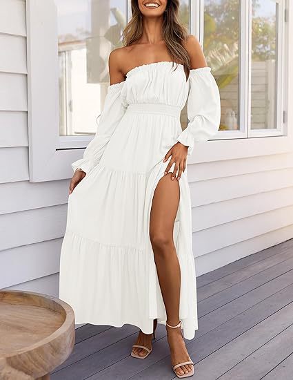 Bohemian Off-Shoulder Smocked High Waist Tiered Long Dress