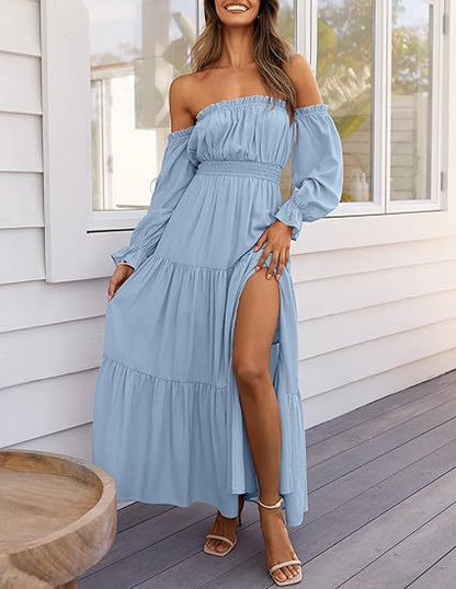 Bohemian Off-Shoulder Smocked High Waist Tiered Long Dress