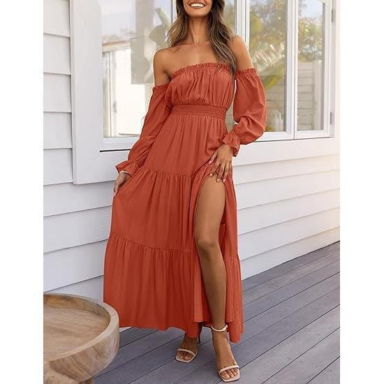 Bohemian Off-Shoulder Smocked High Waist Tiered Long Dress