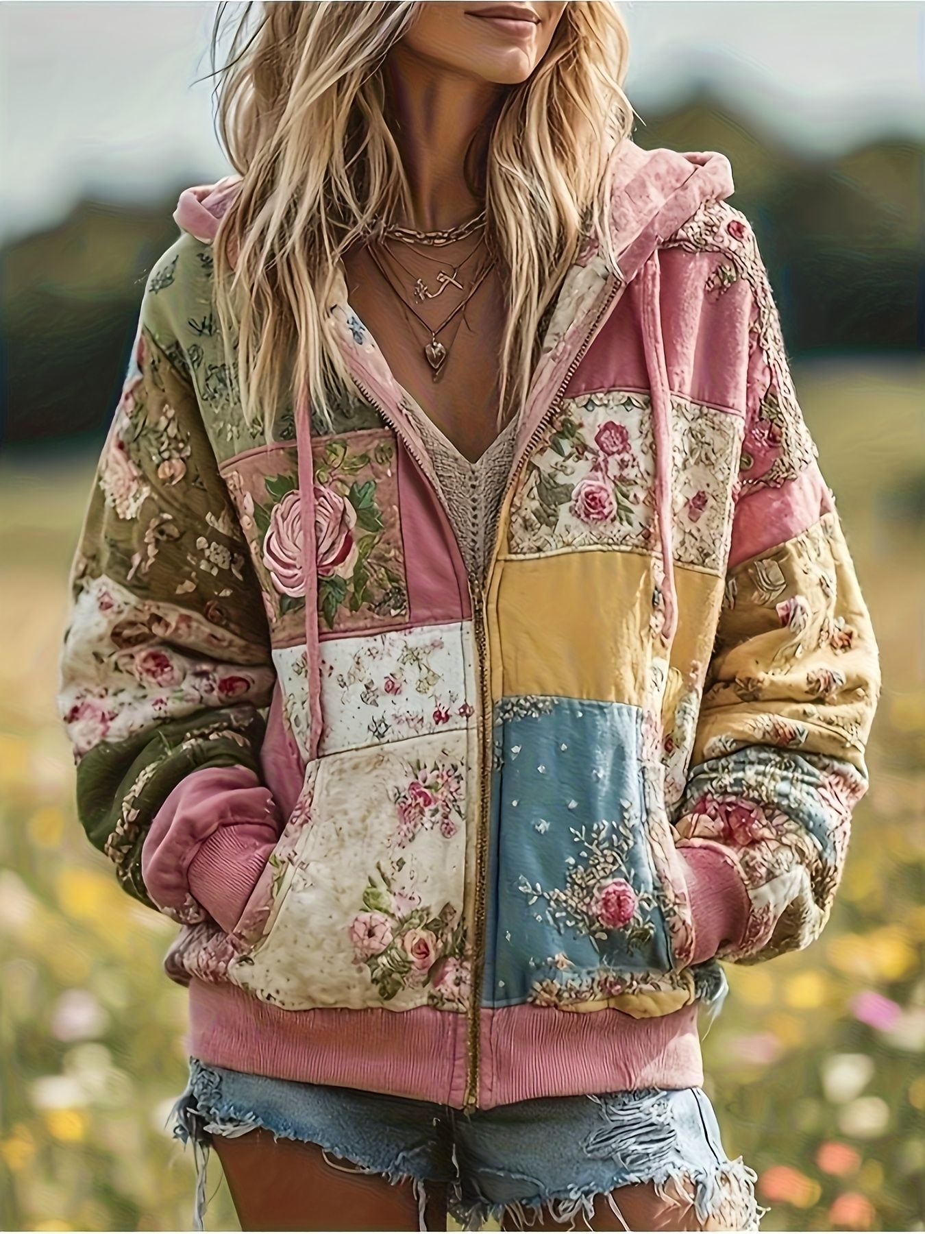 Bohemian Patchwork Hooded Sweatshirt