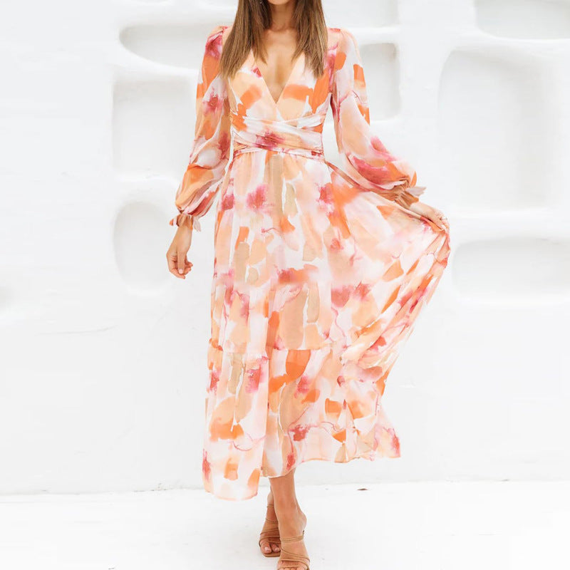 Bohemian printed long sleeve midi dress