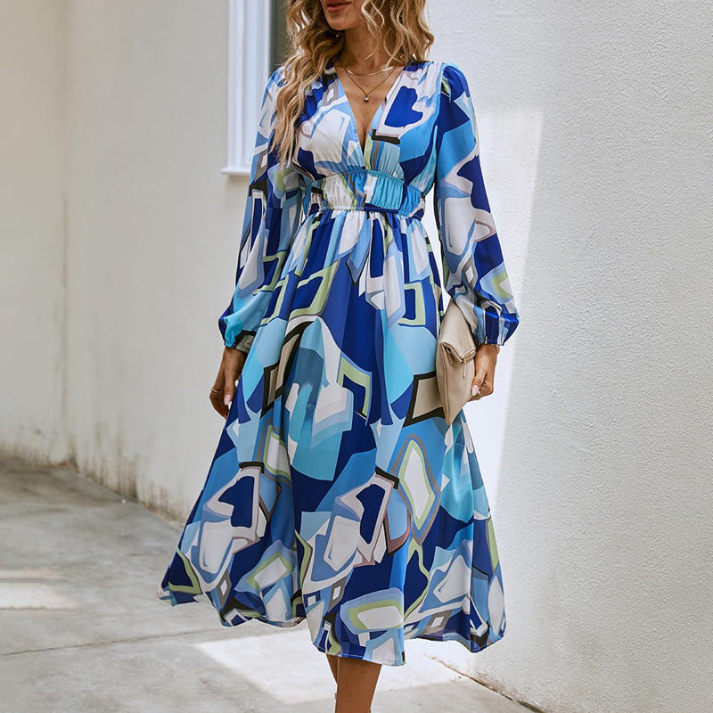 Bohemian printed long sleeve midi dress