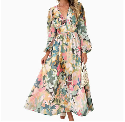 Bohemian printed long sleeve midi dress