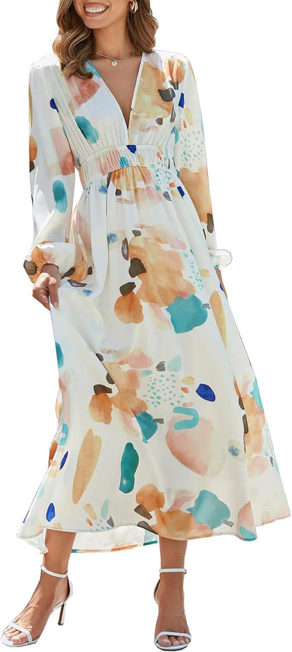 Bohemian printed long sleeve midi dress