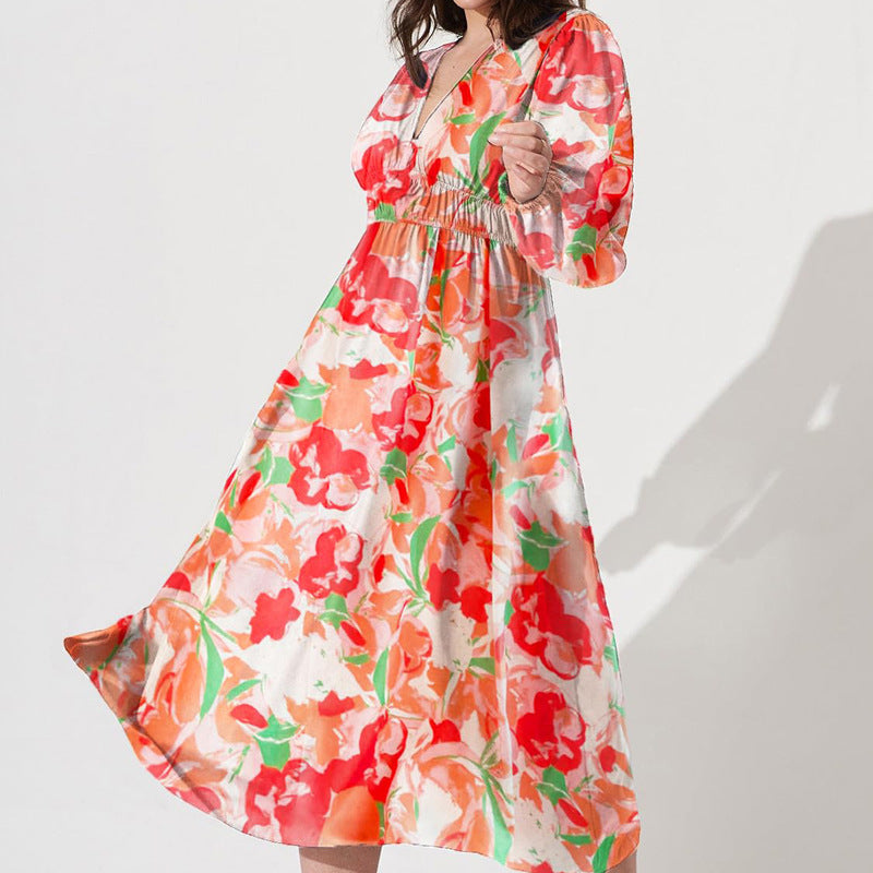 Bohemian printed long sleeve midi dress