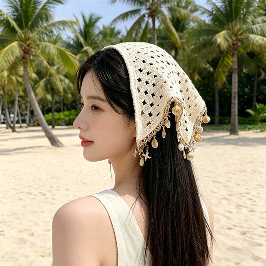 Bohemian Shell Tassel Knit Beanie Hat