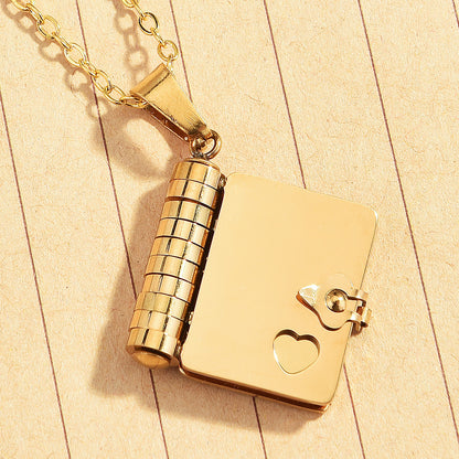 Book Shape Engraved Stainless Steel Necklace