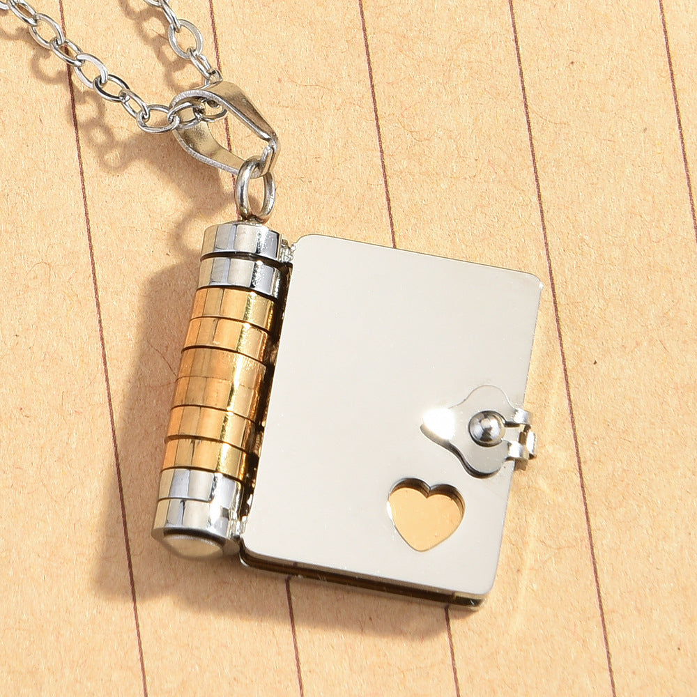 Book Shape Engraved Stainless Steel Necklace