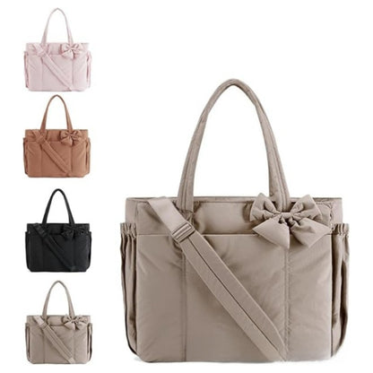 Bow Design Cotton Tote Bag with Embroidered Pattern