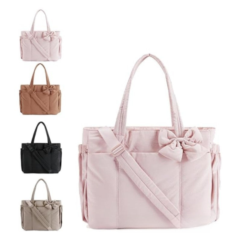 Bow Design Cotton Tote Bag with Embroidered Pattern