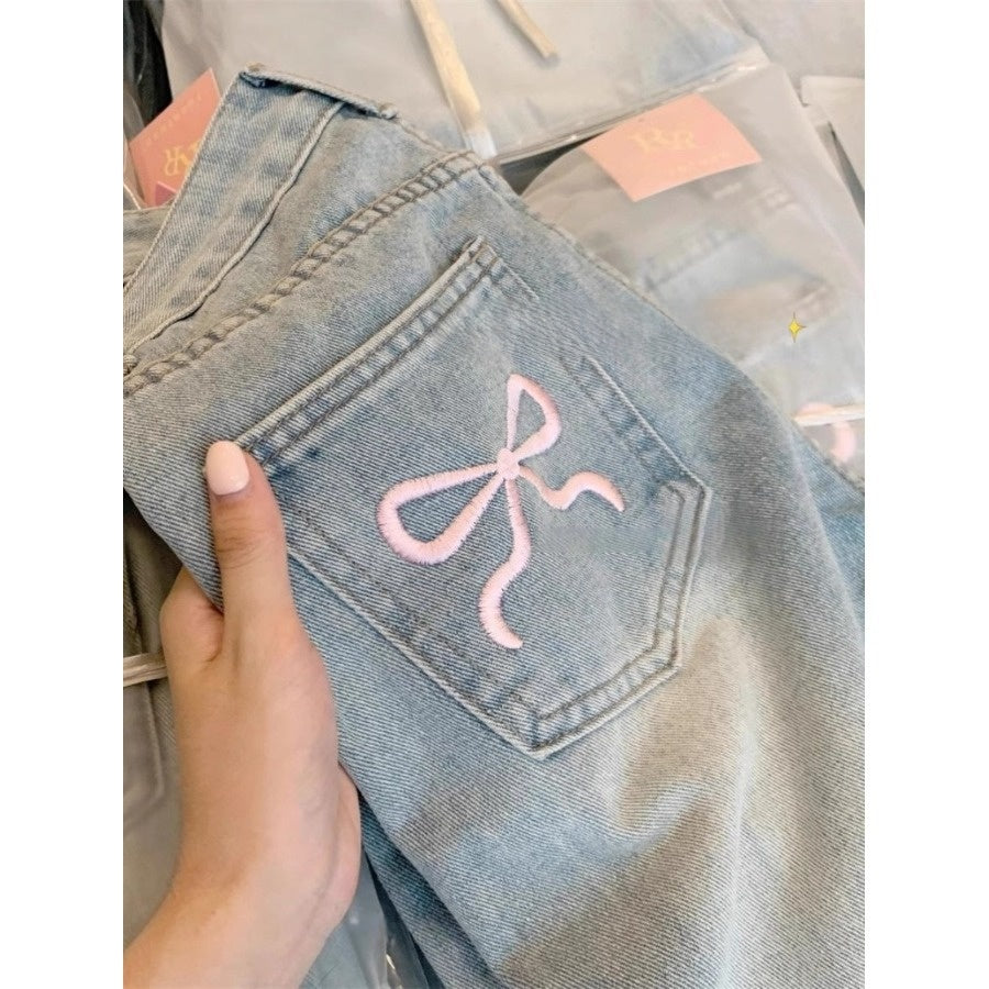 Bow Embroidered High Waist Wide Leg Denim Pants
