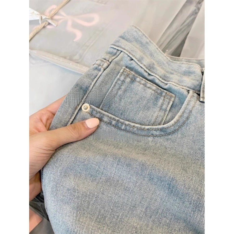 Bow Embroidered High Waist Wide Leg Denim Pants