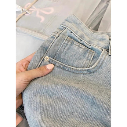 Bow Embroidered High Waist Wide Leg Denim Pants