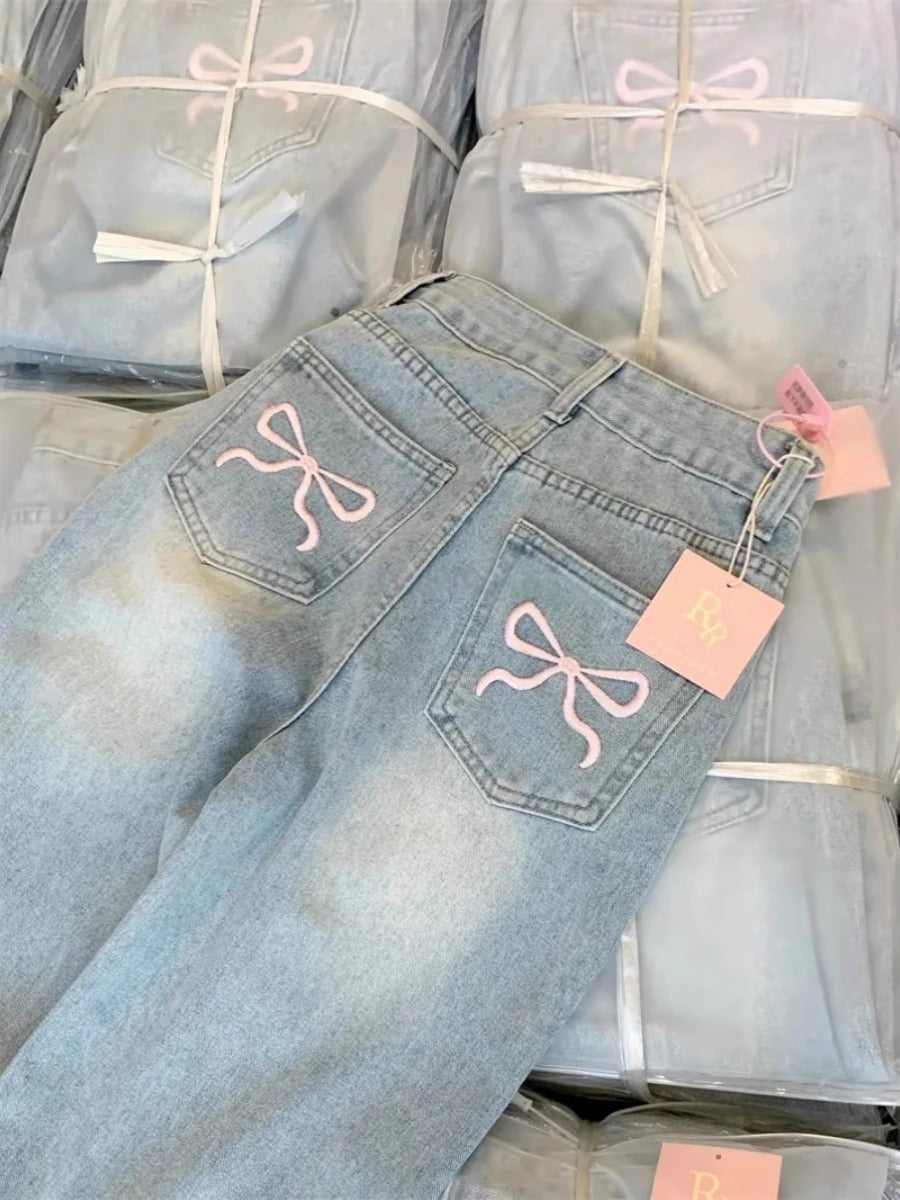 Bow Embroidered High Waist Wide Leg Denim Pants