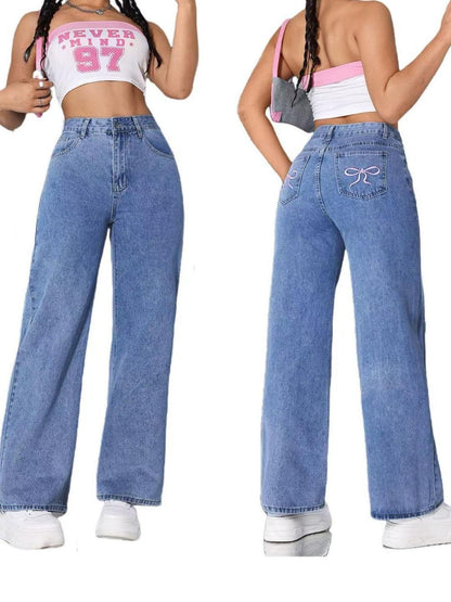 Bow-embroidered loose casual jeans
