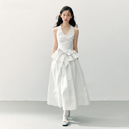 Bow Halter Neck Ruffle Top and Lace Skirt Set