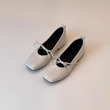 Bow-Tie Sheepskin Flats for Women, Square-Toe Slip-On Shoes