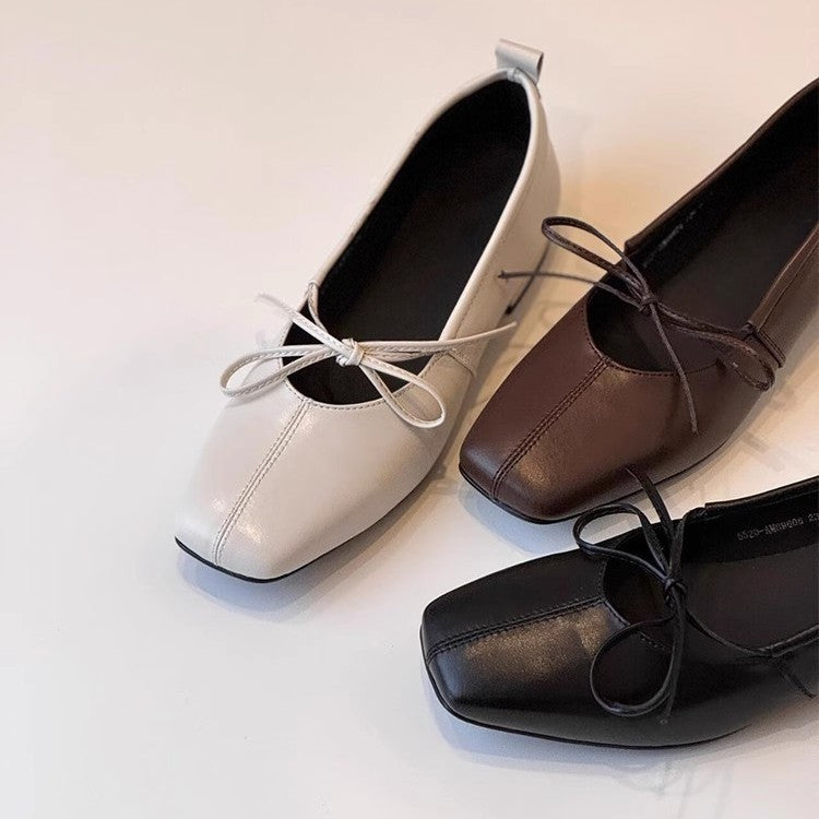 Bow-Tie Sheepskin Flats for Women, Square-Toe Slip-On Shoes