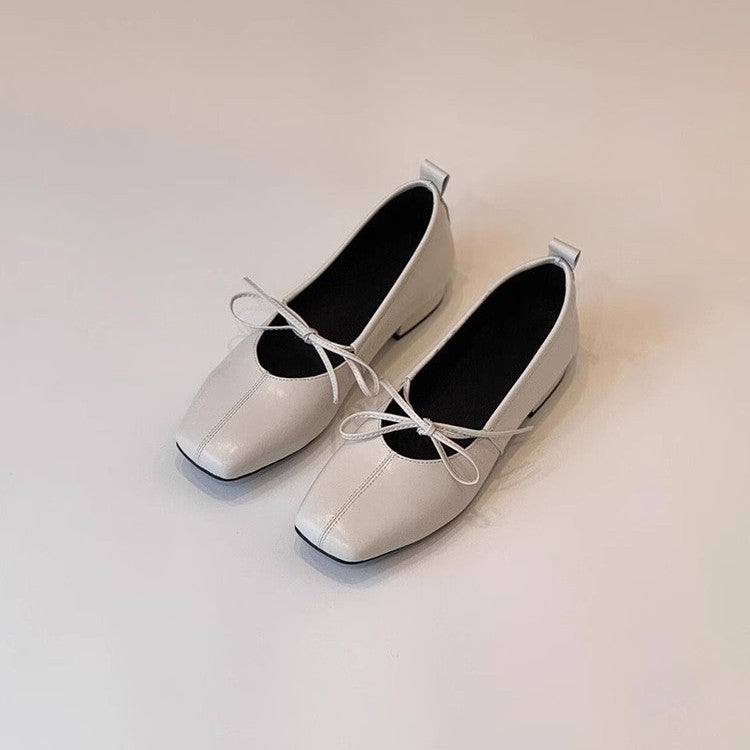 Bow-Tie Sheepskin Flats for Women, Square-Toe Slip-On Shoes