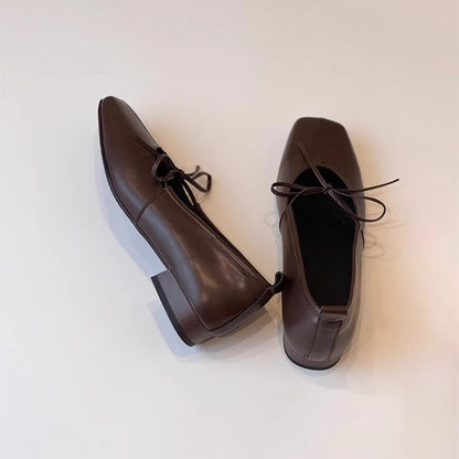 Bow-Tie Sheepskin Flats for Women, Square-Toe Slip-On Shoes