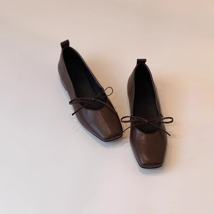 Bow-Tie Sheepskin Flats for Women, Square-Toe Slip-On Shoes