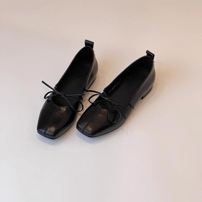 Bow-Tie Sheepskin Flats for Women, Square-Toe Slip-On Shoes