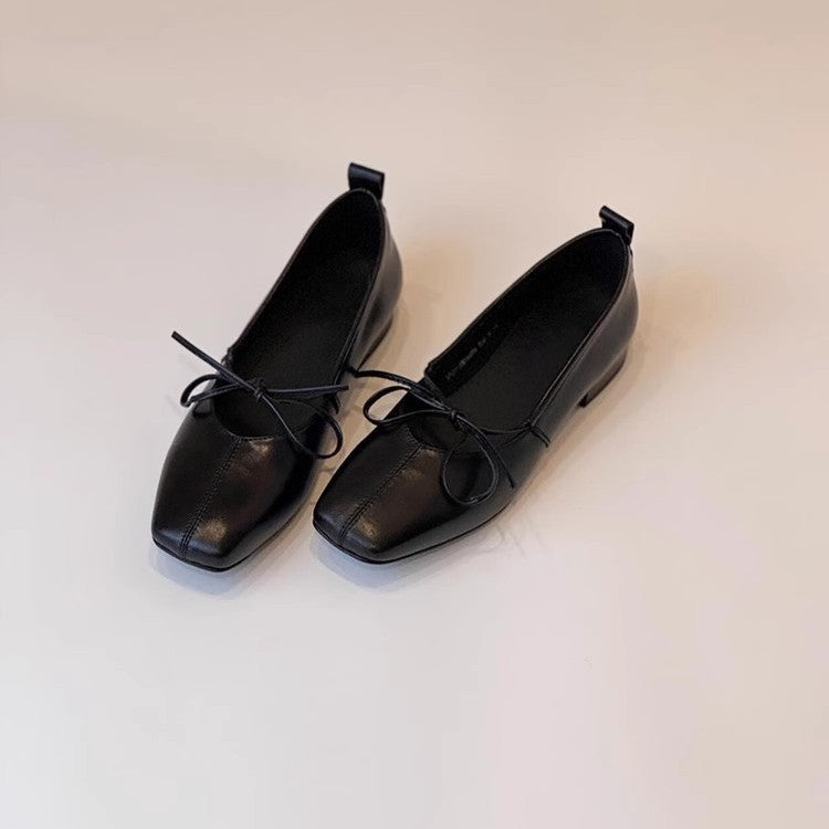 Bow-Tie Sheepskin Flats for Women, Square-Toe Slip-On Shoes