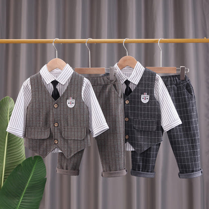 Boys Autumn Plaid Cardigan Vest Trousers Set