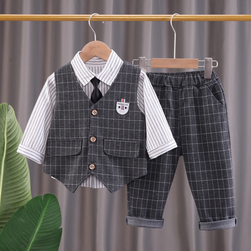 Boys Autumn Plaid Cardigan Vest Trousers Set