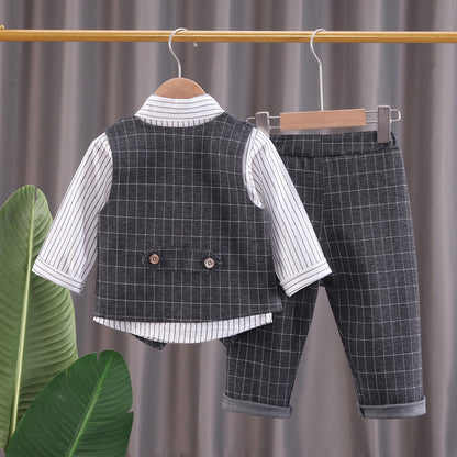 Boys Autumn Plaid Cardigan Vest Trousers Set