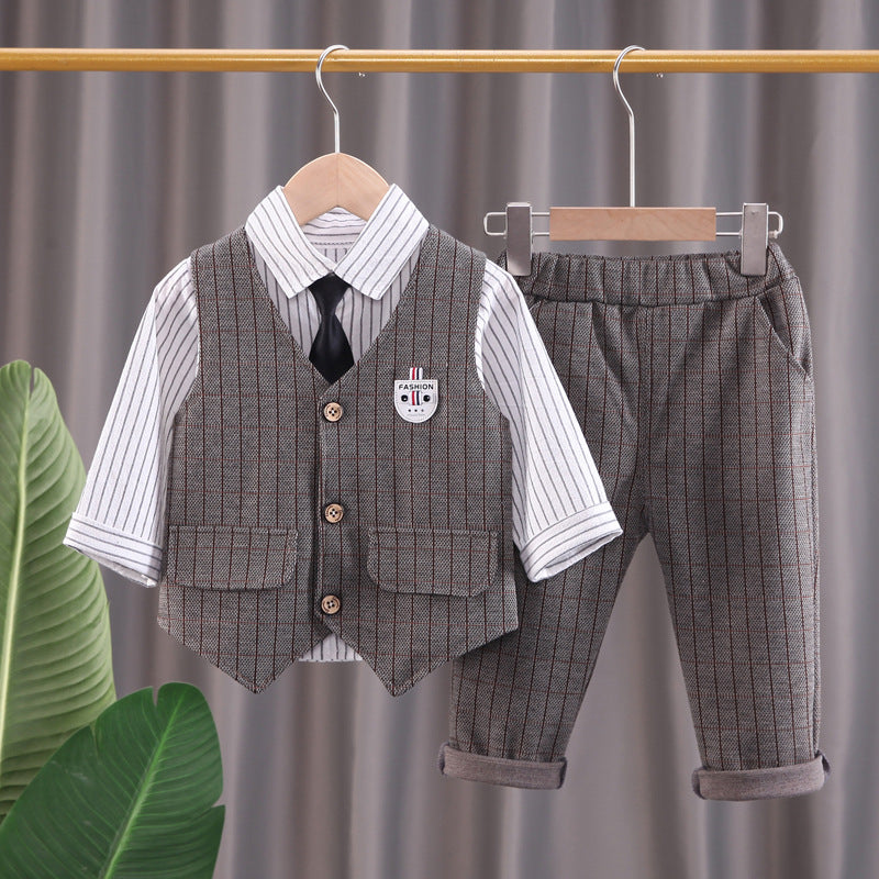 Boys Autumn Plaid Cardigan Vest Trousers Set