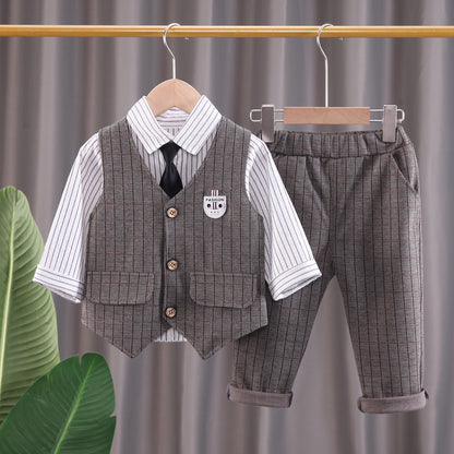 Boys Autumn Plaid Cardigan Vest Trousers Set