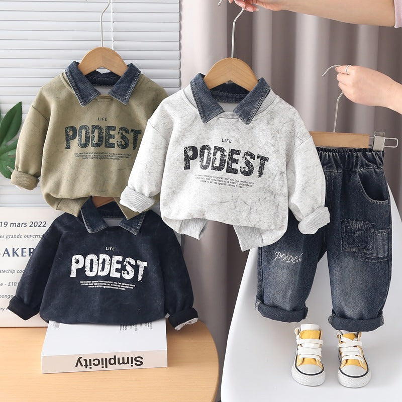 Boys Letter Print Cotton Sweatshirt Pants