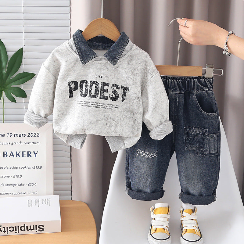 Boys Letter Print Cotton Sweatshirt Pants