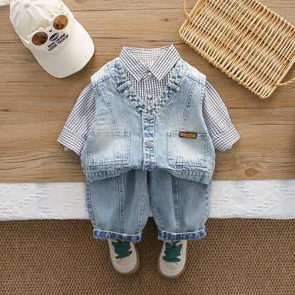 Boys Plaid Shirt Denim Vest Three-Piece Set