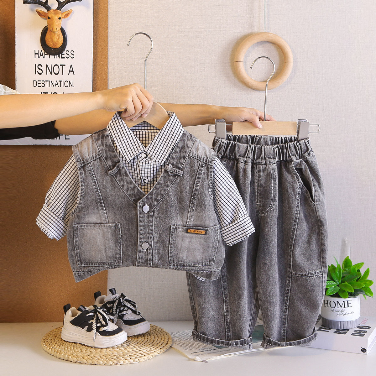 Boys Plaid Shirt Denim Vest Three-Piece Set
