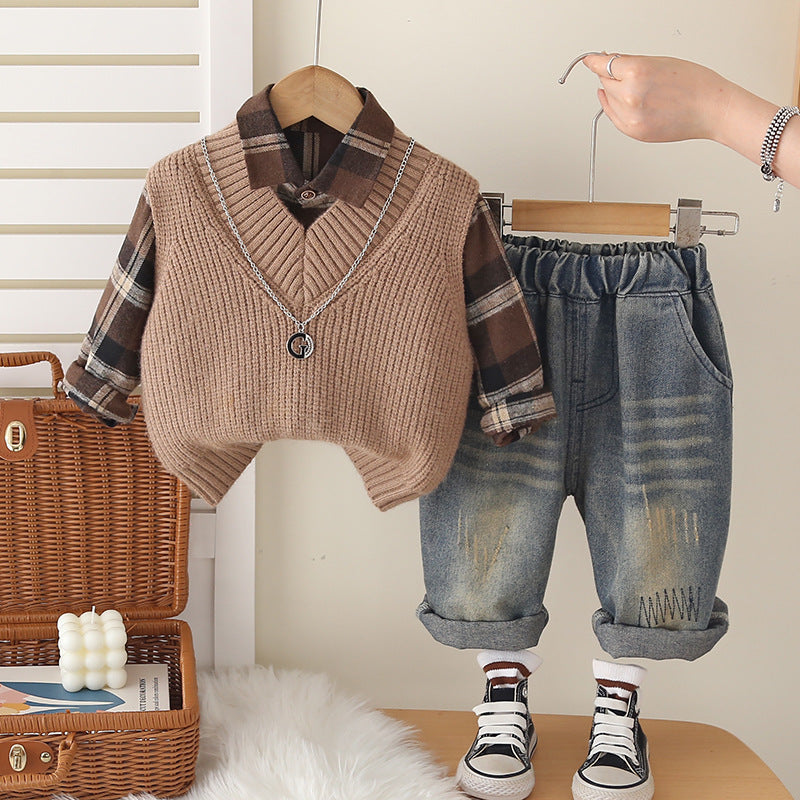 Boys Plaid Shirt Vest Trousers Set
