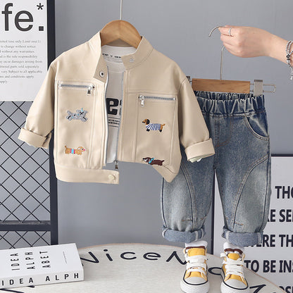 Boys PU Leather Jacket Three-Piece