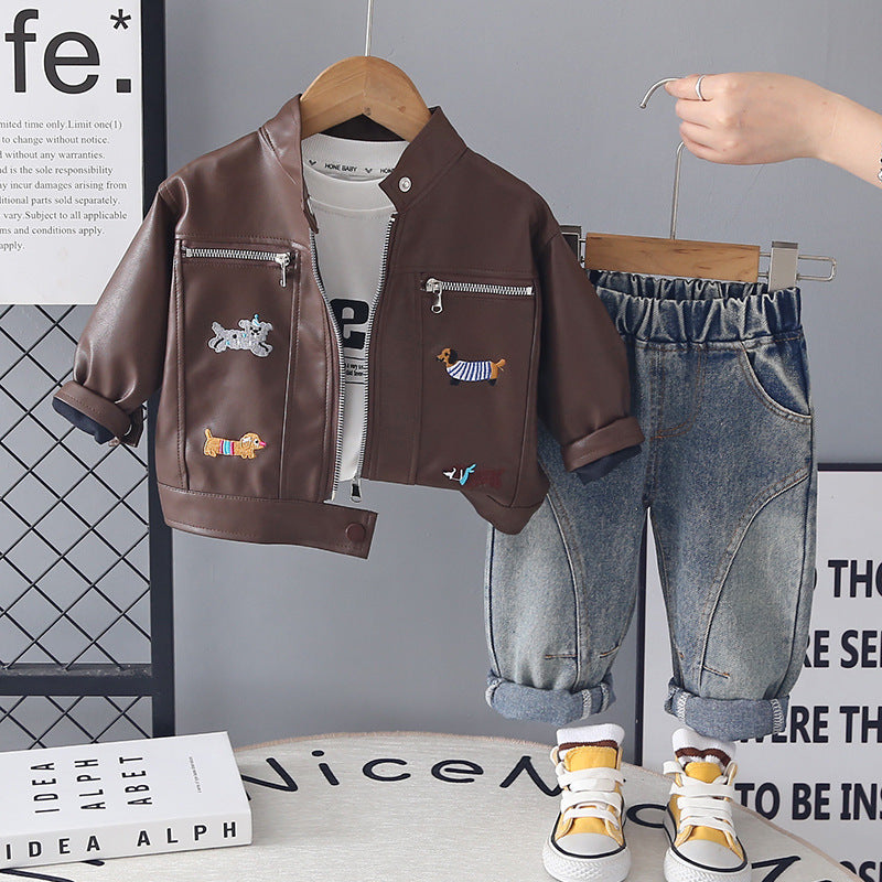 Boys PU Leather Jacket Three-Piece