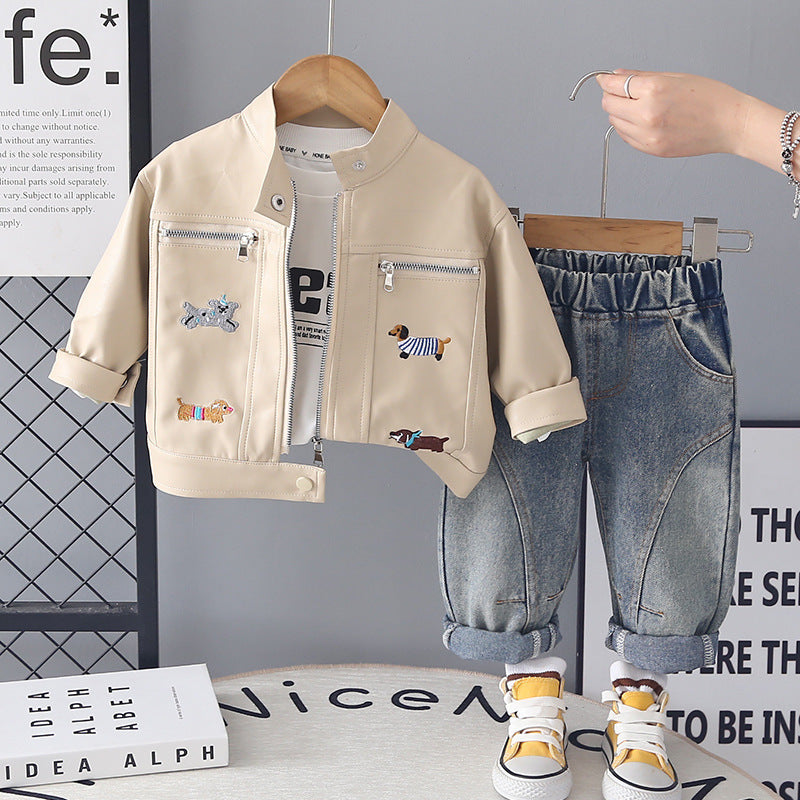 Boys PU Leather Jacket Three-Piece