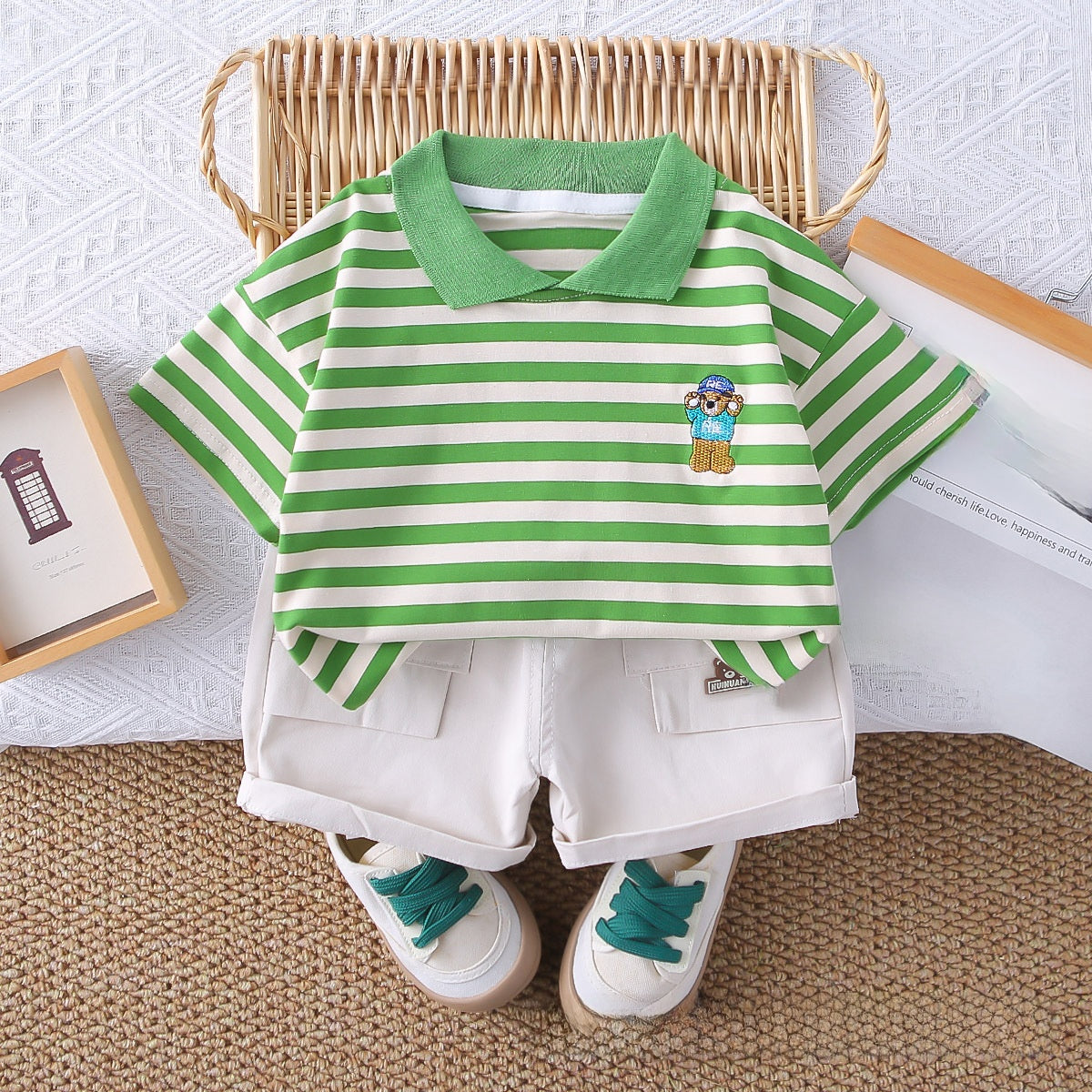 Boys Summer Short Sleeve Striped Polo Shirt Set