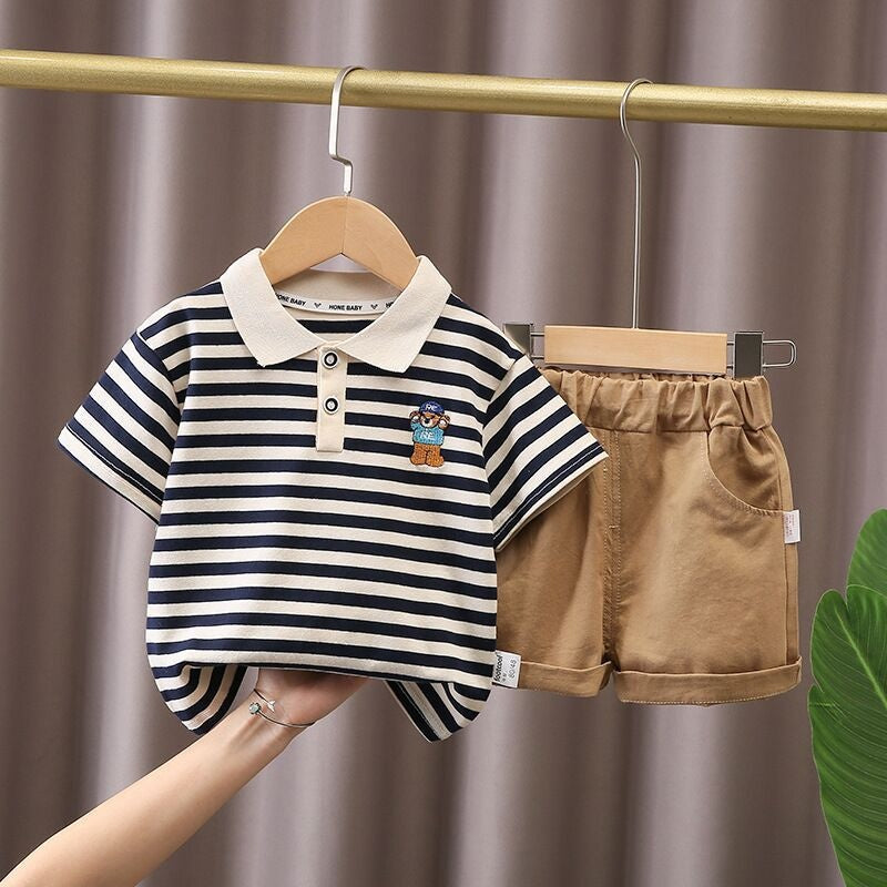 Boys Summer Short Sleeve Striped Polo Shirt Set