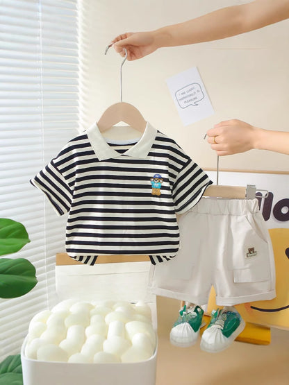 Boys Summer Short Sleeve Striped Polo Shirt Set
