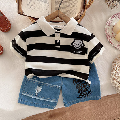 Boys Summer Short Sleeve Striped Polo Shirt Set